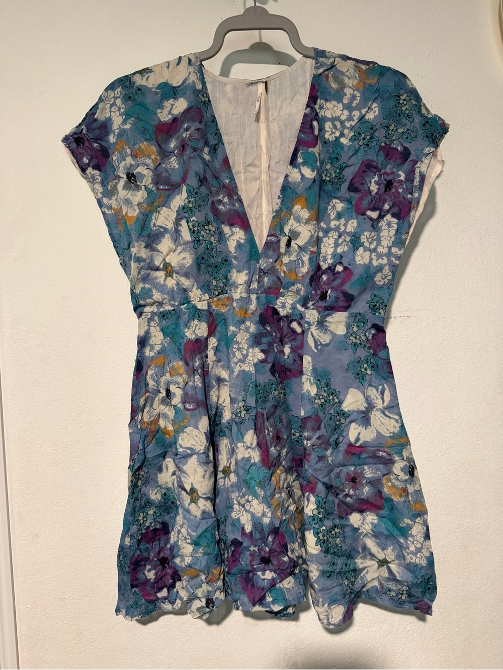 Free People Teal Blue Floral V-Neck Dress
